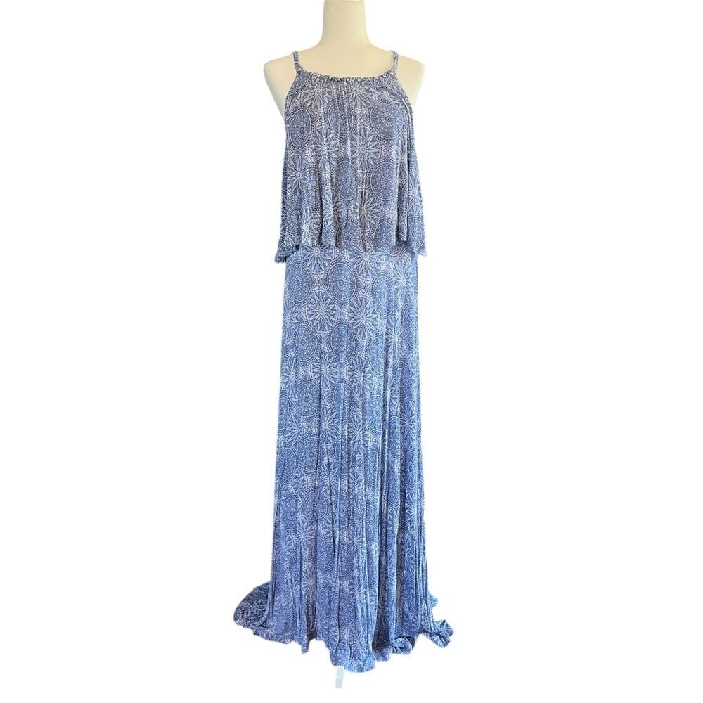 Torrid Tiered Maxi Dress Blue Geometric Print Stretch Jersey Knit Size 2X